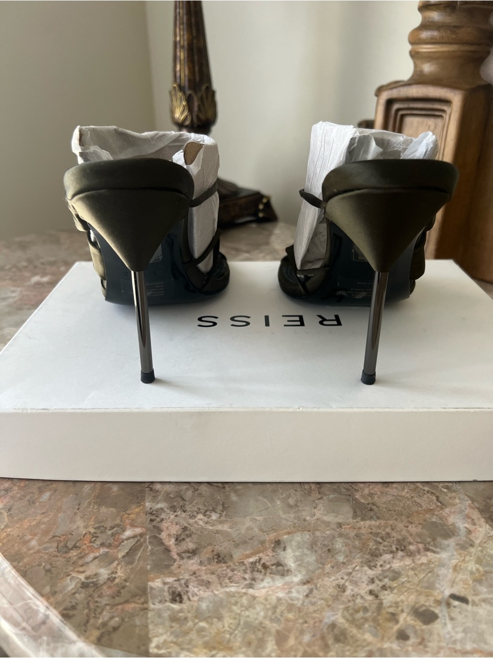Reiss Olive Satin Bow-Strap Heeled Slides - Picture 4 of 10